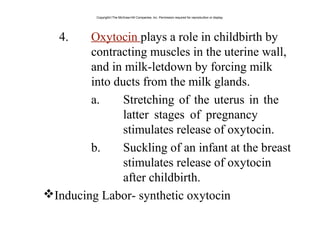 4. Oxytocin plays a role in childbirth by
contracting muscles in the uterine wall,
and in milk-letdown by forcing milk
into ducts from the milk glands.
a. Stretching of the uterus in the
latter stages of pregnancy
stimulates release of oxytocin.
b. Suckling of an infant at the breast
stimulates release of oxytocin
after childbirth.
Inducing Labor- synthetic oxytocin
Copyright©The McGraw-Hill Companies, Inc. Permission required for reproduction or display.
 