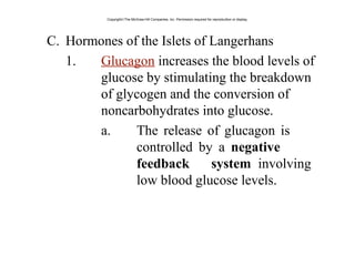 C. Hormones of the Islets of Langerhans
1. Glucagon increases the blood levels of
glucose by stimulating the breakdown
of glycogen and the conversion of
noncarbohydrates into glucose.
a. The release of glucagon is
controlled by a negative
feedback system involving
low blood glucose levels.
Copyright©The McGraw-Hill Companies, Inc. Permission required for reproduction or display.
 