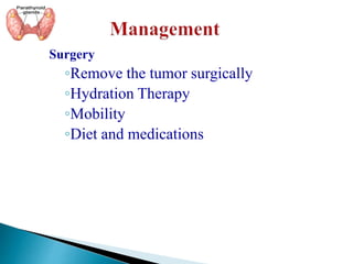 Surgery
◦Remove the tumor surgically
◦Hydration Therapy
◦Mobility
◦Diet and medications
 