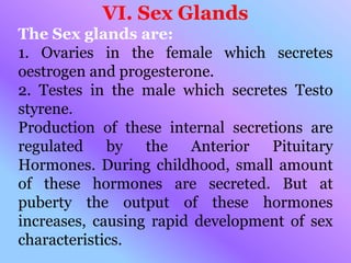VI. Sex Glands
The Sex glands are:
1. Ovaries in the female which secretes
oestrogen and progesterone.
2. Testes in the male which secretes Testo
styrene.
Production of these internal secretions are
regulated by the Anterior Pituitary
Hormones. During childhood, small amount
of these hormones are secreted. But at
puberty the output of these hormones
increases, causing rapid development of sex
characteristics.
 