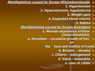 
Manifestations caused by Excess Mineralocorticoids

1. Hypertension

2. Hypernatremia, hypokalemia

3. Weight gain

4. Expanded blood volume

5. Edema

Manifestations caused by Excess Androgens

1. Women experience virilism
(masculinization)

a. Hirsutism – excessive growth of hair
on
the face and midline of trunk

b. Breasts – atrophy

c. Clitoris – enlargement

d. Voice – masculine

e. Loss of Libido
 