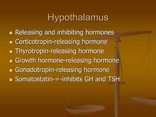 Hypothalamus
 Releasing and inhibiting hormones
 Corticotropin-releasing hormone
 Thyrotropin-releasing hormone
 Growth hormone-releasing hormone
 Gonadotropin-releasing hormone
 Somatostatin-=-inhibits GH and TSH
 