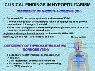 Decreased GH decreases synthesis and release of IGF-1
Children have growth delay; delayed fusion of epiphyses; bone growth
does not match the age of the child
Adults have hypoglycemia; decreased gluconeogenesis; loss of muscle
mass; increased adipose around waist
Arginine and sleep stimulation tests: no increase in GH or IGF-1;
normally, GH and IGF-1 are released at 5 a.m.
Secondary hypothyroidism: decreased serum
T4 and TSH
Cold intolerance, constipation, weakness
No increase in TSH after thyrotropin-releasing
factor (TRF) stimulation
 