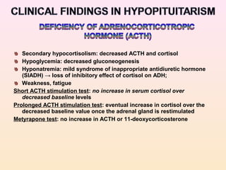 Secondary hypocortisolism: decreased ACTH and cortisol
Hypoglycemia: decreased gluconeogenesis
Hyponatremia: mild syndrome of inappropriate antidiuretic hormone
(SIADH) →→ loss of inhibitory effect of cortisol on ADH;
Weakness, fatigue
Short ACTH stimulation test: no increase in serum cortisol over
decreased baseline levels
Prolonged ACTH stimulation test: eventual increase in cortisol over the
decreased baseline value once the adrenal gland is restimulated
Metyrapone test: no increase in ACTH or 11-deoxycorticosterone
 