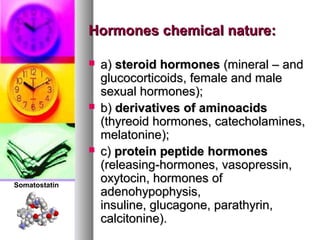 Hormones chemical nature:Hormones chemical nature:
 аа)) steroid hormonessteroid hormones ((mineralmineral – and– and
glucocorticoidsglucocorticoids, female and male, female and male
sexual hormones);sexual hormones);
 bb)) derivativesderivatives of aminoacidsof aminoacids
((thyreoidthyreoid hormones,hormones, catecholaminescatecholamines,,
melatoninemelatonine););
 cc)) protein peptideprotein peptide hormoneshormones
((releasingreleasing-hormones,-hormones, vasopressinvasopressin,,
oxytocinoxytocin, hormones, hormones ofof
adenohypophysis,adenohypophysis,
insuline, glucagone, parathyrin,insuline, glucagone, parathyrin,
calcitonine).calcitonine).
Somatostatin
 