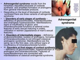 • Adrenogenital syndromeAdrenogenital syndrome results from the
hereditary stipulated blockade of cortisole
synthesis and amplified formation of androgens
from general intermediate products.
• Depending on the level of blockade of cortisole
synthesis there are three variants of adrogenital
syndrome.
• І. Disorders of early stages of synthesis –
deficiency of glucocorticoides, mineralcorticoides
and androgens hyperproduction. Manifestations:
signs of insufficiency of gluco- and
mineralocorticoidal functions of adrenal cortex
features of early sexual maturing in males,
virilization in women (appearance of man's sexual
features).
• ІІ. Disorders of intermediate stages – deficiency
of glucocorticoides, surplus of androgens, formation
of mineralocorticoides is not infringed (classical
androgenic syndrome). Manifestations are the
same, as in the first case, only without signs of
insufficiency of mineralocorticoidal function.
• ІІІ. Disorders at final stages of cortisol synthesis
– deficiency of glucocorticoides, hyperproduction of
androgens and mineralocorticoide. Features of
hyperaldosteronism are connected with
manifestations of classical androgenital syndrome.
AdrenogenitalAdrenogenital
syndromesyndrome
 