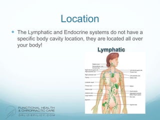 Location
 The Lymphatic and Endocrine systems do not have a
specific body cavity location, they are located all over
your body!
 