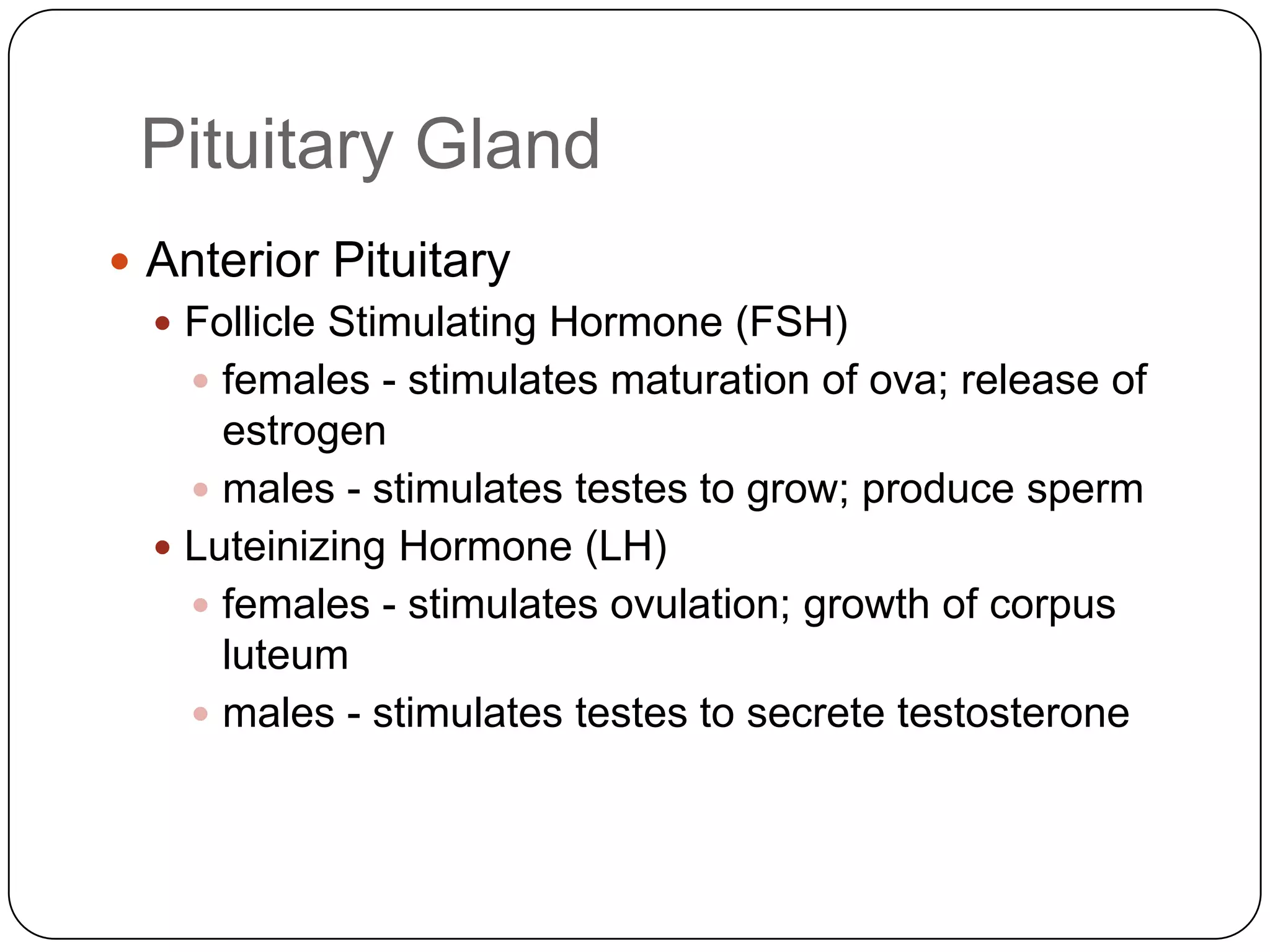Pituitary GlandAnterior PituitaryFollicle Stimulating Hormone (FSH)females - stimulates maturation of ova; release of estrogenmales - stimulates testes to grow; produce spermLuteinizing Hormone (LH)females - stimulates ovulation; growth of corpus luteummales - stimulates testes to secrete testosterone