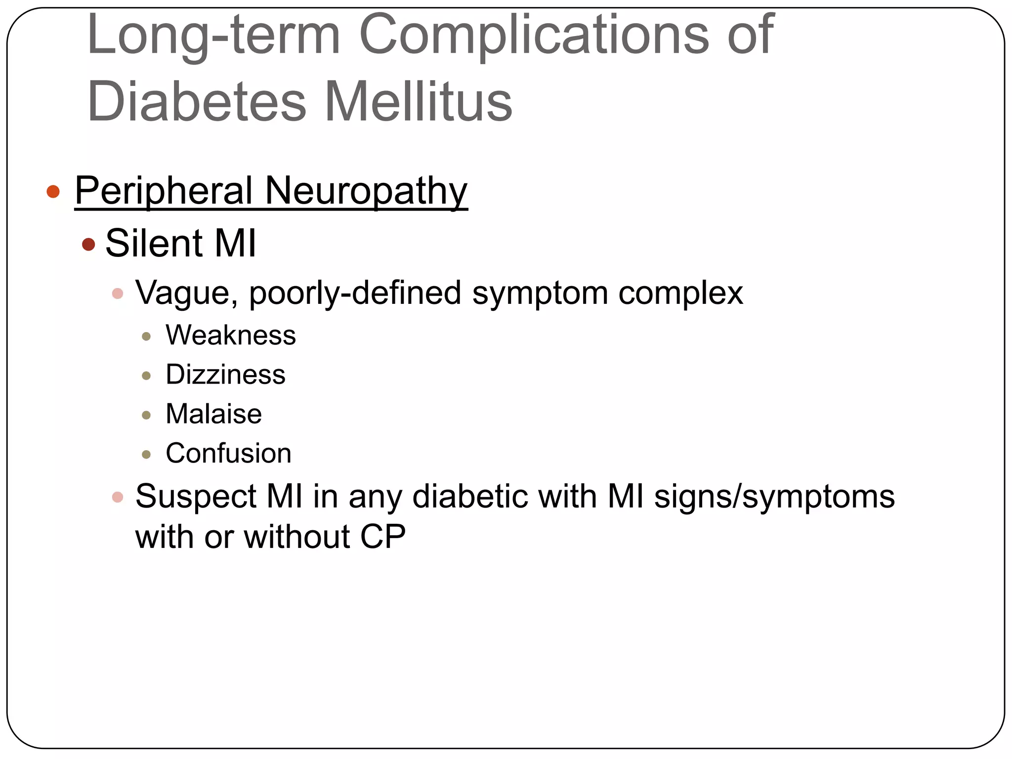 Long Term Treatment of Diabetes MellitusDiet regulatione.g. 1400 calorie ADA dietExerciseincrease patient’s glucose metabolismOral hypoglycemic agentsSulfonylureasInsulinHistorically produced from pigs (porcine insulin)Currently genetic engineering has lead to human insulin (Humulin) 