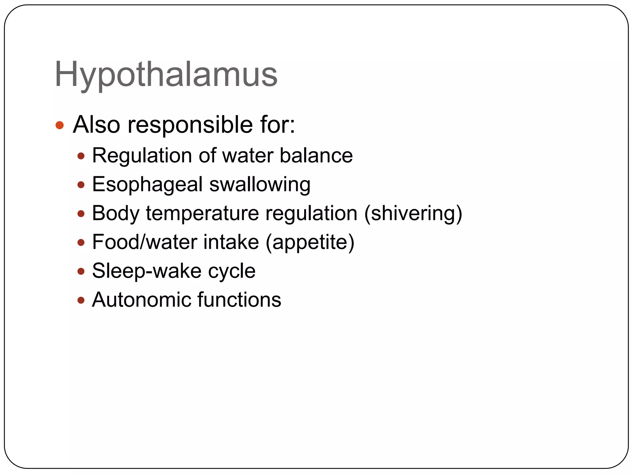 HypothalamusAlso responsible for:Regulation of water balanceEsophageal swallowingBody temperature regulation (shivering)Food/water intake (appetite)Sleep-wake cycleAutonomic functions