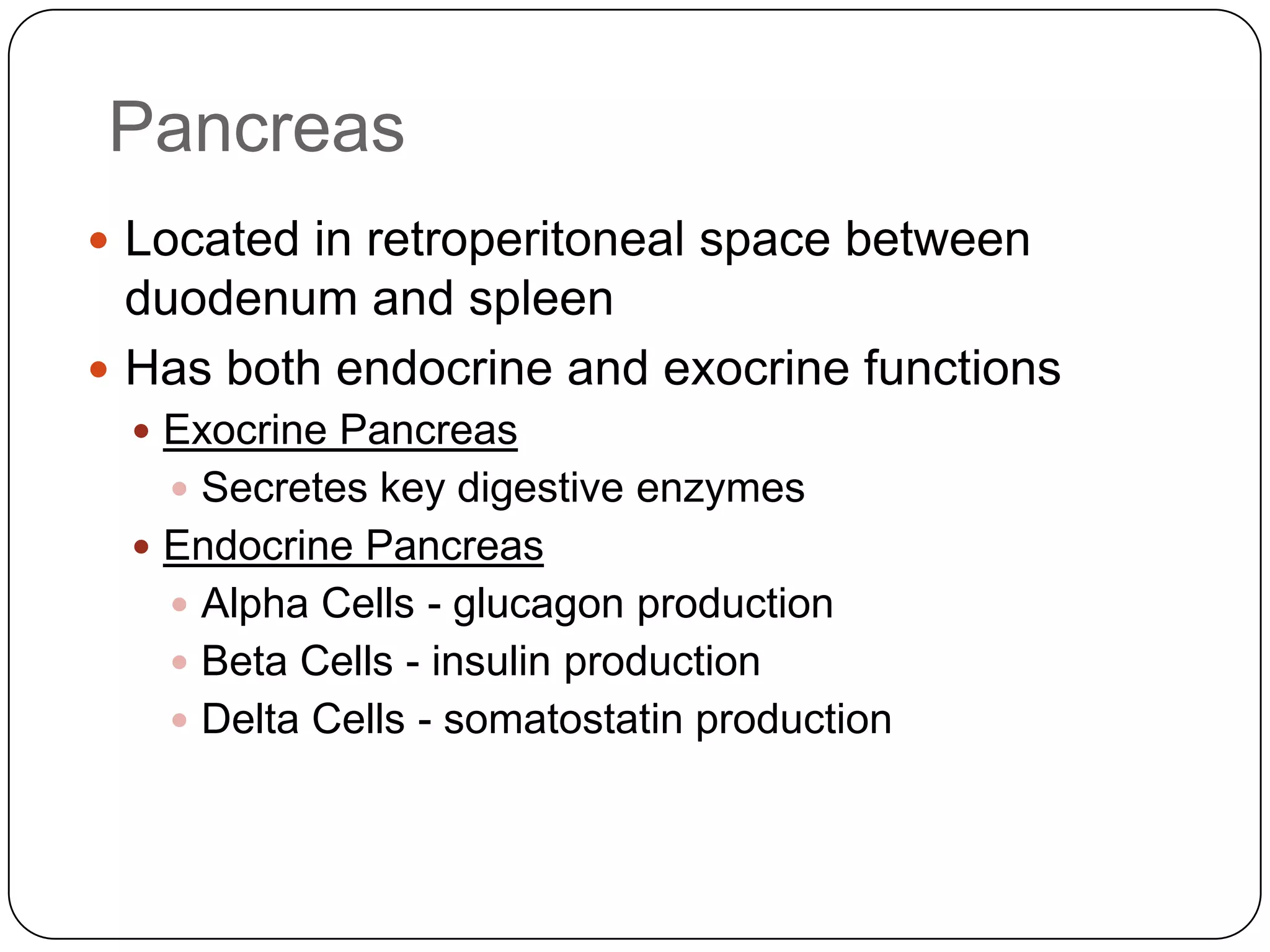 PancreasLocated in retroperitoneal space between duodenum and spleenHas both endocrine and exocrine functionsExocrine PancreasSecretes key digestive enzymesEndocrine PancreasAlpha Cells - glucagon productionBeta Cells - insulin productionDelta Cells - somatostatin production