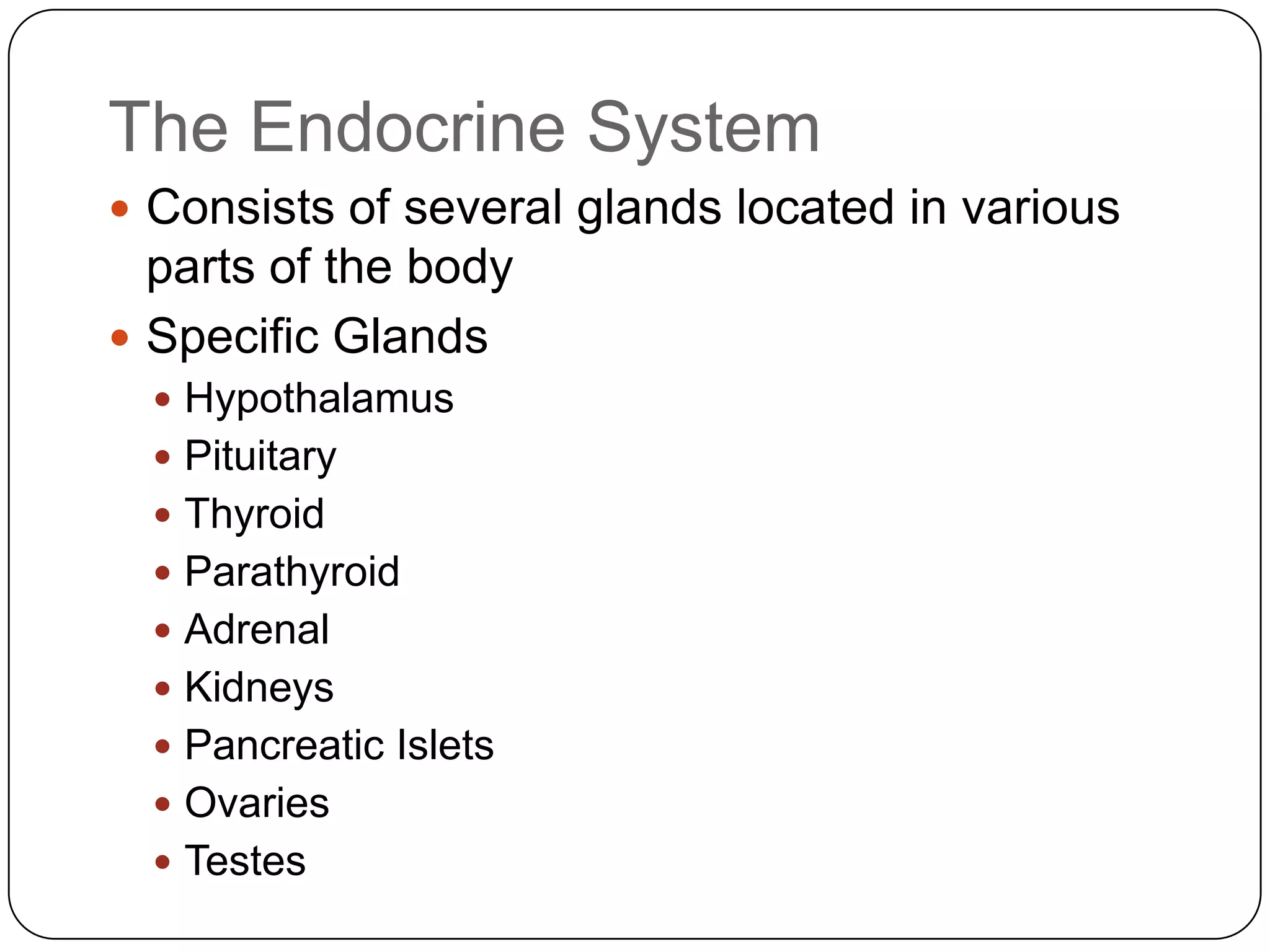 The Endocrine SystemConsists of several glands located in various parts of the bodySpecific GlandsHypothalamusPituitaryThyroidParathyroidAdrenalKidneysPancreatic IsletsOvariesTestes