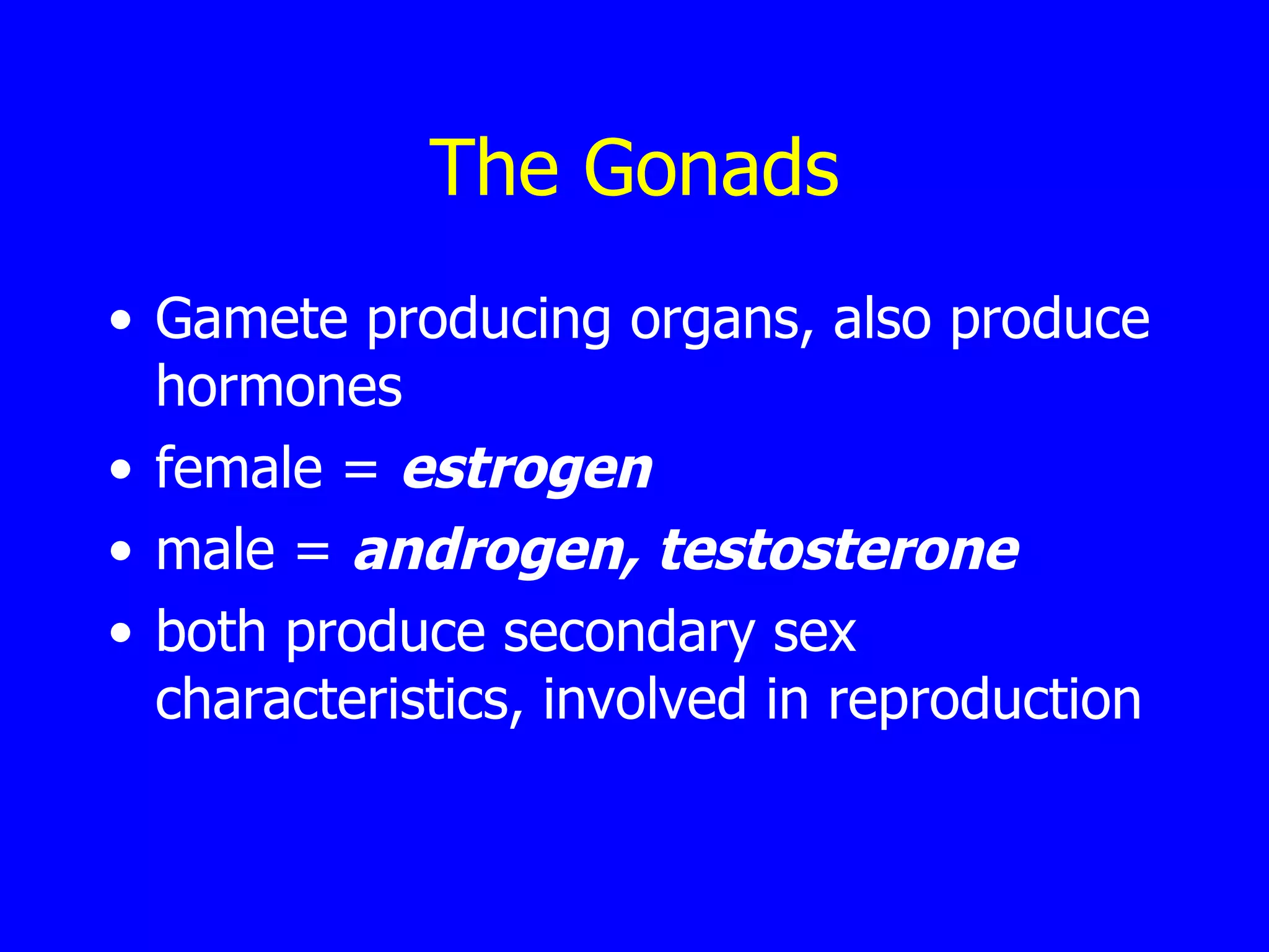 The Gonads Gamete producing organs, also produce hormones female =  estrogen male =  androgen, testosterone both produce secondary sex characteristics, involved in reproduction 