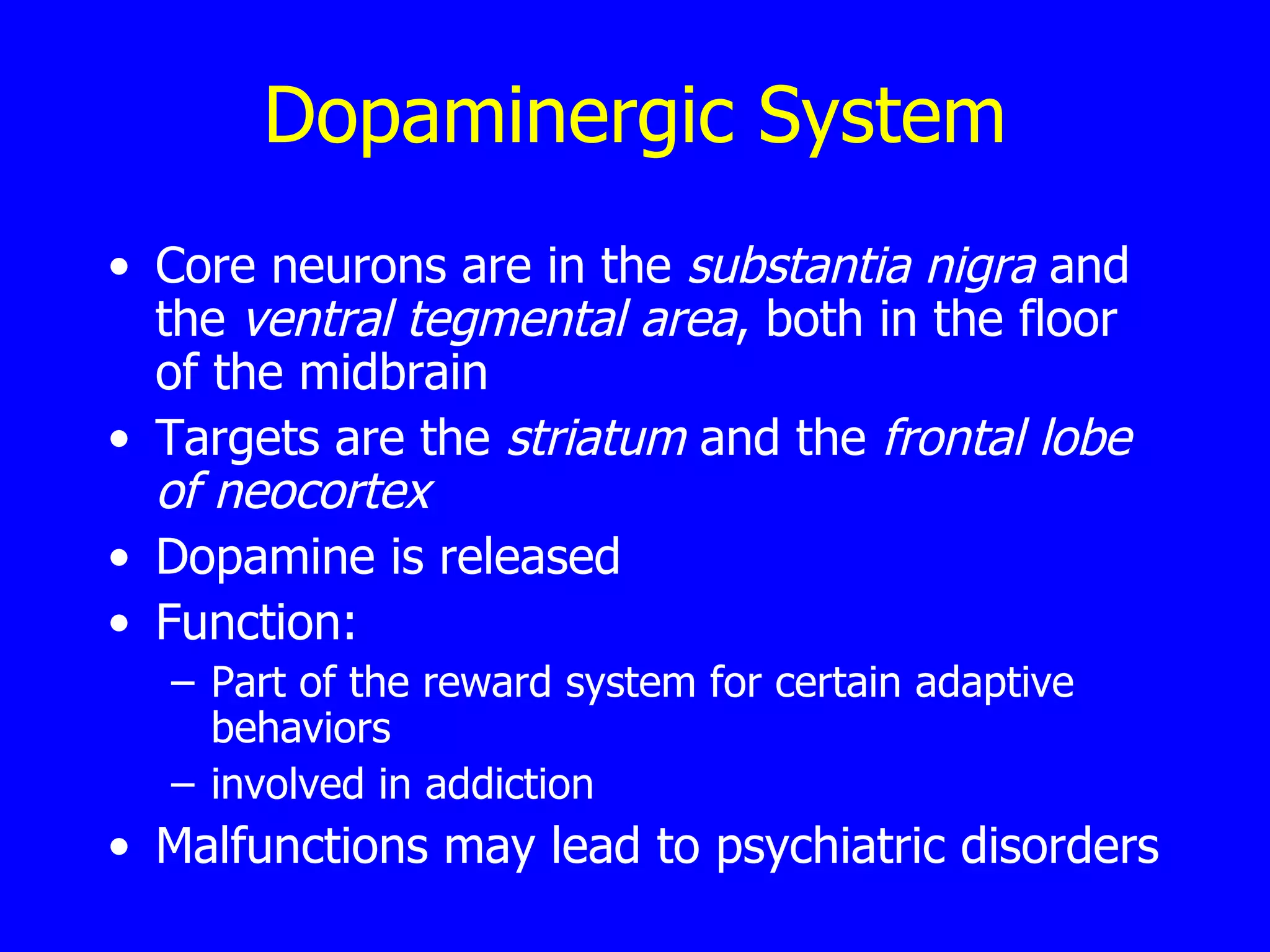 Dopaminergic System Core neurons are in the  substantia nigra  and the  ventral tegmental area , both in the floor of the midbrain  Targets are the  striatum  and the  frontal lobe of neocortex  Dopamine is released  Function:  Part of the reward system for certain adaptive behaviors  involved in addiction  Malfunctions may lead to psychiatric disorders  
