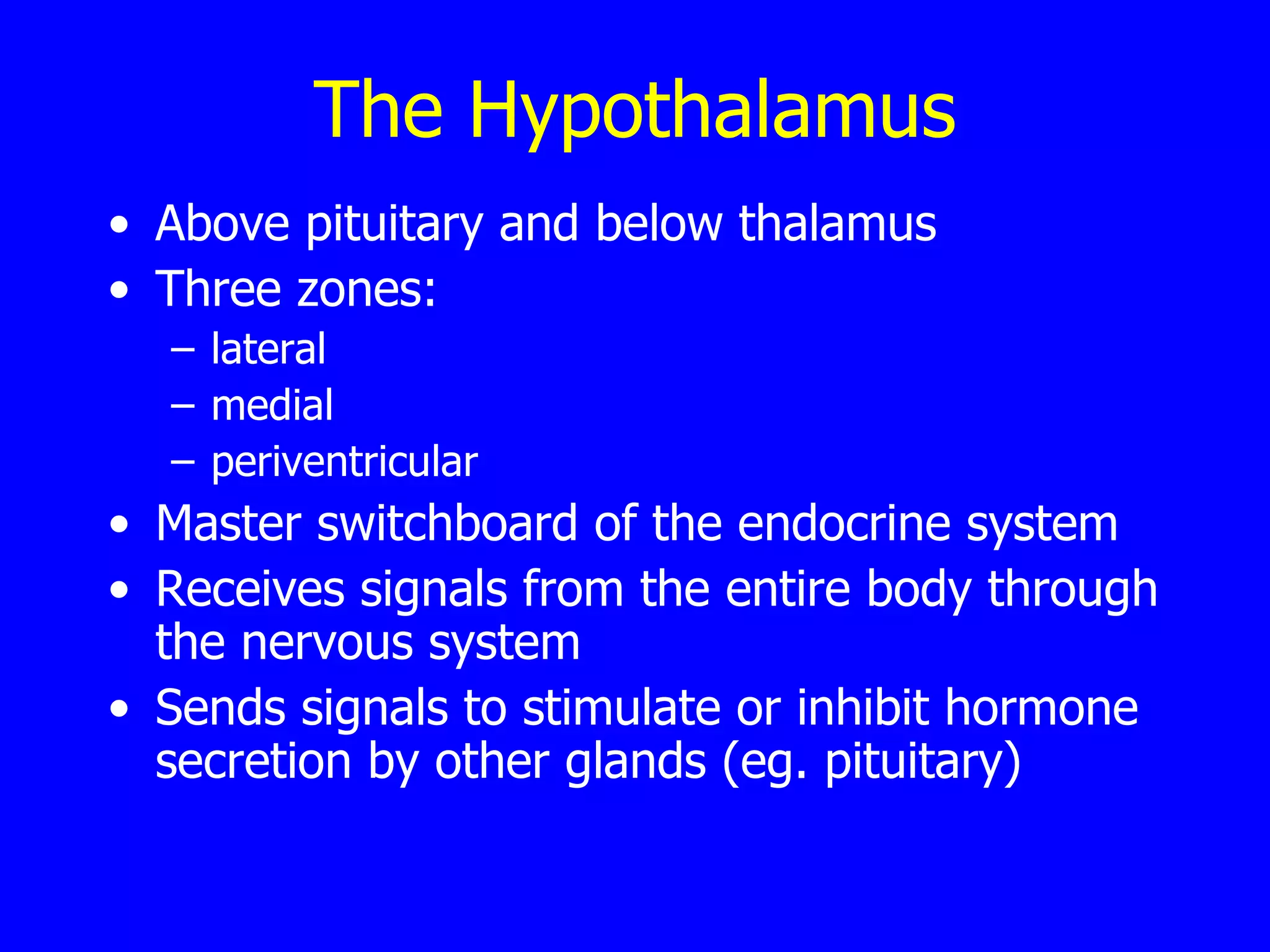 The Hypothalamus Above pituitary and below thalamus  Three zones: lateral medial  periventricular  Master switchboard of the endocrine system Receives signals from the entire body through the nervous system Sends signals to stimulate or inhibit hormone secretion by other glands (eg. pituitary) 