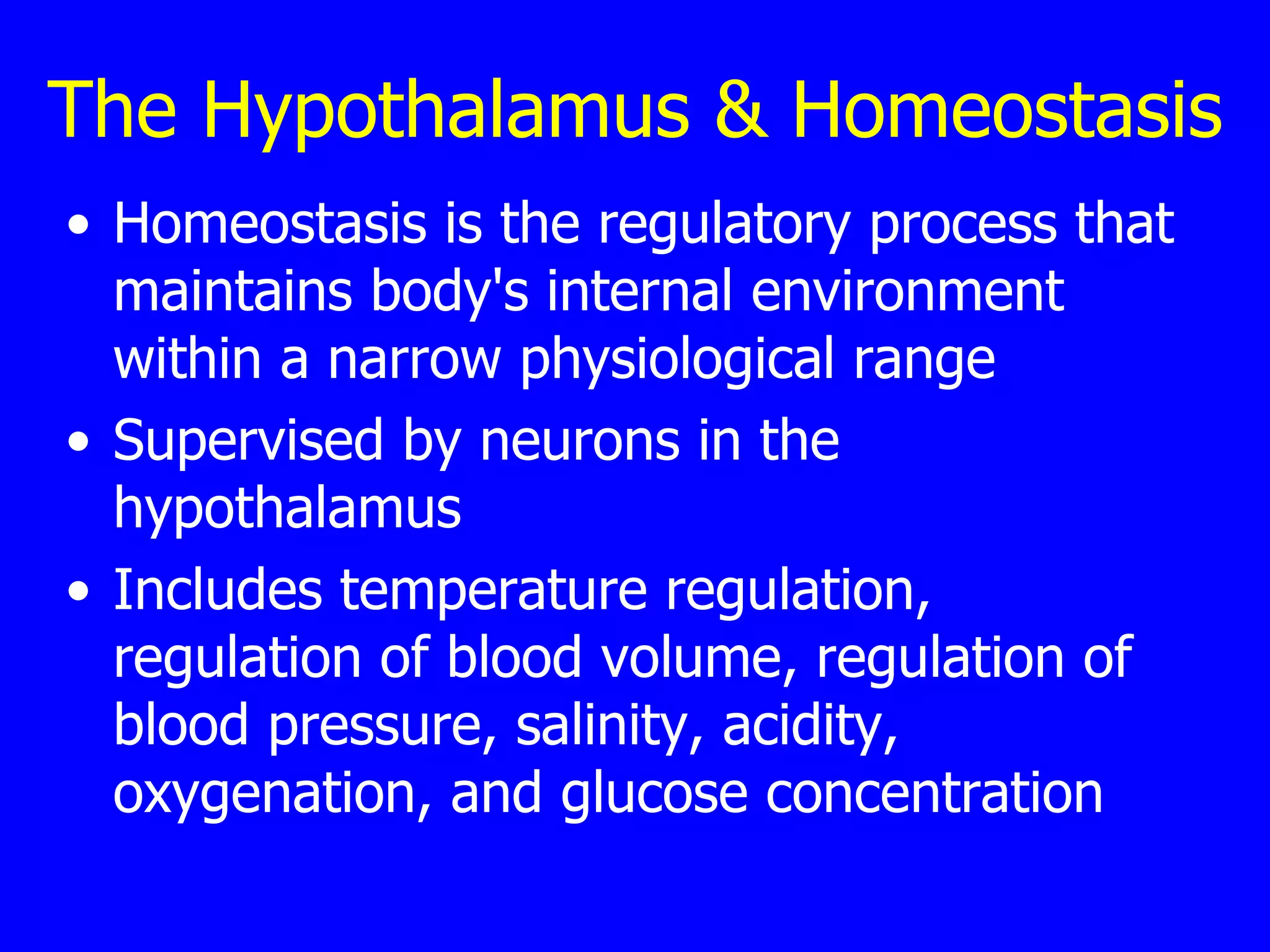 The Hypothalamus & Homeostasis Homeostasis is the regulatory process that maintains body's internal environment within a narrow physiological range  Supervised by neurons in the hypothalamus  Includes temperature regulation, regulation of blood volume, regulation of blood pressure, salinity, acidity, oxygenation, and glucose concentration  