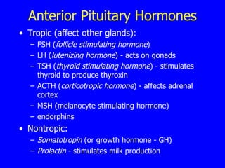 Anterior Pituitary Hormones Tropic (affect other glands): FSH ( follicle stimulating hormone ) LH ( lutenizing hormone ) - acts on gonads TSH ( thyroid stimulating hormone ) - stimulates thyroid to produce thyroxin ACTH ( corticotropic hormone ) - affects adrenal cortex MSH (melanocyte stimulating hormone) endorphins Nontropic: Somatotropin  (or growth hormone - GH) Prolactin  - stimulates milk production 