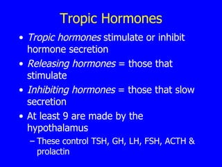 Tropic Hormones Tropic hormones  stimulate or inhibit hormone secretion  Releasing hormones  = those that stimulate Inhibiting hormones  = those that slow secretion  At least 9 are made by the hypothalamus  These control TSH, GH, LH, FSH, ACTH & prolactin 