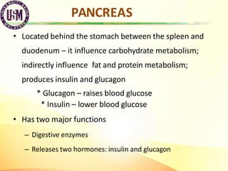 PANCREAS
26
• Located behind the stomach between the spleen and
duodenum – it influence carbohydrate metabolism;
indirectl...