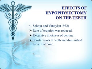 • Schour and Vandyke(1932)
 Rate of eruption was reduced.
 Excessive thickness of dentine.
 Shorter roots of teeth and diminished
growth of bone.

 