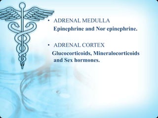 • ADRENAL MEDULLA
Epinephrine and Nor epinephrine.
• ADRENAL CORTEX
Glucocorticoids, Mineralocorticoids
and Sex hormones.

 