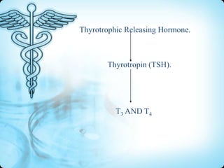Thyrotrophic Releasing Hormone.

Thyrotropin (TSH).

T3 AND T4

 