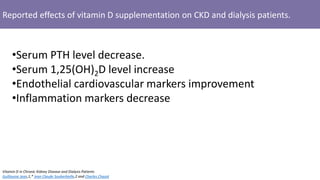 Reported effects of vitamin D supplementation on CKD and dialysis patients.
•Serum PTH level decrease.
•Serum 1,25(OH)2D level increase
•Endothelial cardiovascular markers improvement
•Inflammation markers decrease
Vitamin D in Chronic Kidney Disease and Dialysis Patients
Guillaume Jean,1,* Jean Claude Souberbielle,2 and Charles Chazot
 