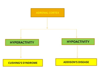 ADRENAL CORTEX
HYPERACTIVITY HYPOACTIVITY
CUSHING’S SYNDROME ADDISON’S DISEASE
 