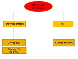 HORMONE
DEFICIENCY
GROWTH HORMONE ADH
DWARFISM DIABETES INSIPIDUS
SIMMON’S
DISEASE
 