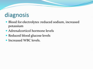 diagnosis
 Blood for electrolytes :reduced sodium, increased
potassium
 Adrenalcorticol hormone levels
 Reduced blood glucose levels
 Increased WBC levels.
 