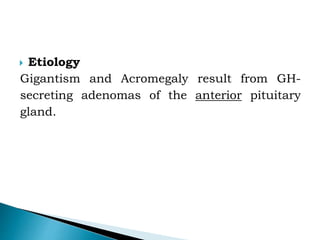  Etiology
Gigantism and Acromegaly result from GH-
secreting adenomas of the anterior pituitary
gland.
 
