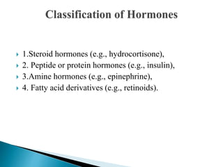  1.Steroid hormones (e.g., hydrocortisone),
 2. Peptide or protein hormones (e.g., insulin),
 3.Amine hormones (e.g., epinephrine),
 4. Fatty acid derivatives (e.g., retinoids).
 