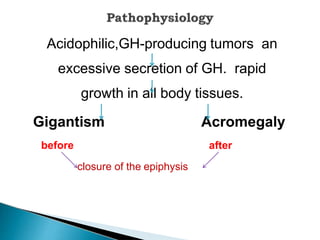 Acidophilic,GH-producing tumors an
excessive secretion of GH. rapid
growth in all body tissues.
Acromegaly
after
Gigantism
before
closure of the epiphysis
 
