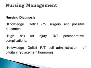 Nursing Diagnosis:
Knowledge Deficit R/T surgery and possible
outcomes.
High risk for injury R/T postoperative
complications.
Knowledge Deficit R/T self administration of
pituitary replacement hormones.
 