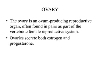 OVARY

• The ovary is an ovum-producing reproductive
  organ, often found in pairs as part of the
  vertebrate female reproductive system.
• Ovaries secrete both estrogen and
  progesterone.
 