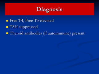 Diagnosis
 Free T4, Free T3 elevated
 TSH suppressed
 Thyroid antibodies (if autoimmune) present
 