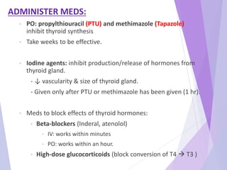 ADMINISTER MEDS:
• PO: propylthiouracil (PTU) and methimazole (Tapazole)
inhibit thyroid synthesis
• Take weeks to be effective.
• Iodine agents: inhibit production/release of hormones from
thyroid gland.
- ↓ vascularity & size of thyroid gland.
- Given only after PTU or methimazole has been given (1 hr).
• Meds to block effects of thyroid hormones:
• Beta-blockers (Inderal, atenolol)
• IV: works within minutes
• PO: works within an hour.
• High-dose glucocorticoids (block conversion of T4  T3 )
 