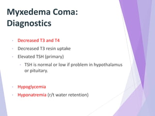 Myxedema Coma:
Diagnostics
• Decreased T3 and T4
• Decreased T3 resin uptake
• Elevated TSH (primary)
• TSH is normal or low if problem in hypothalamus
or pituitary.
• Hypoglycemia
• Hyponatremia (r/t water retention)
 