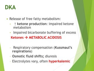 DKA
 Release of free fatty metabolism:
• ↑ ketone production: impaired ketone
metabolism
• Impaired bicarbonate buffering of excess
Ketones  METABOLIC ACIDOSIS
◦ Respiratory compensation (Kussmaul’s
respirations)
◦ Osmotic fluid shifts; diuresis
◦ Electrolytes vary, often hyperkalemic
 