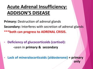 Acute Adrenal Insufficiency:
ADDISON’S DISEASE
Primary: Destruction of adrenal glands
Secondary: Interferes with secretion of adrenal glands
***both can progress to ADRENAL CRISIS.
• Deficiency of glucocorticoids (cortisol):
-seen in primary & secondary
• Lack of mineralocorticoids (aldosterone) = primary
only
 