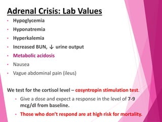 Adrenal Crisis: Lab Values
• Hypoglycemia
• Hyponatremia
• Hyperkalemia
• Increased BUN, ↓ urine output
• Metabolic acidosis
• Nausea
• Vague abdominal pain (ileus)
We test for the cortisol level – cosyntropin stimulation test.
• Give a dose and expect a response in the level of 7-9
mcg/dl from baseline.
• Those who don’t respond are at high risk for mortality.
 