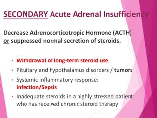 SECONDARY Acute Adrenal Insufficiency
Decrease Adrenocorticotropic Hormone (ACTH)
or suppressed normal secretion of steroids.
• Withdrawal of long-term steroid use
• Pituitary and hypothalamus disorders / tumors
• Systemic inflammatory response:
Infection/Sepsis
• Inadequate steroids in a highly stressed patient
who has received chronic steroid therapy
 