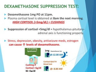 DEXAMETHASONE SUPPRESSION TEST:
 Dexamethasone 1mg PO at 11pm.
 Plasma cortisol level is obtained at 8am the next morning.
HIGH CORTISOL (>5mg/dL) = CUSHINGS
 Suppression of cortisol <5mg/dl = hypothalamus-pituitary-
adrenal axis is functioning properly.
 Stress, depression, obesity, antiseizure meds, estrogen
can cause ↑ levels of dexamethasone.
 