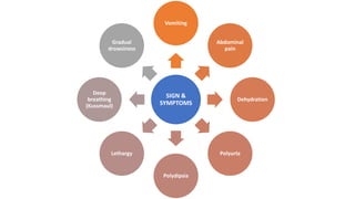SIGN &
SYMPTOMS
Vomiting
Abdominal
pain
Dehydration
PolyurIa
Polydipsia
Lethargy
Deep
breathing
(Kussmaul)
Gradual
drowsiness
 