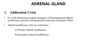 ADRENAL GLAND
1. Addisonian Crisis
• It is a life threatening medical emergency of decompensated adrenal
insufficiency presents with hypotension and acute circulatory failure.
• Adrenal insu ciency (AI) can result from :
ﬃ
a) Primary Adrenal insufficiency
b) Secondary Adrenal insufficiency
 