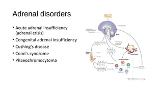 Adrenal disorders
• Acute adrenal insufficiency
(adrenal crisis)
• Congenital adrenal insufficiency
• Cushing’s disease
• Conn’s syndrome
• Phaeochromocytoma
 