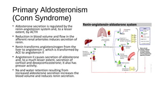Primary Aldosteronism
(Conn Syndrome)
• Aldosterone secretion is regulated by the
renin-angiotensin system and, to a lesser
extent, by ACTH
• Reduction in blood volume and flow in the
afferent renal arterioles induces secretion of
renin.
• Renin transforms angiotensinogen from the
liver to angiotensin I, which is transformed by
ACE to angiotensin II
• Angiotensin II causes secretion of aldosterone
and, to a much lesser extent, secretion of
cortisol and deoxycorticosterone; it also has
pressor activity.
• Na and water retention resulting from
increased aldosterone secretion increases the
blood volume and reduces renin secretion.
 