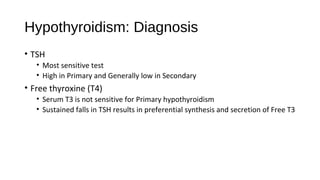 Hypothyroidism: Diagnosis
• TSH
• Most sensitive test
• High in Primary and Generally low in Secondary
• Free thyroxine (T4)
• Serum T3 is not sensitive for Primary hypothyroidism
• Sustained falls in TSH results in preferential synthesis and secretion of Free T3
 