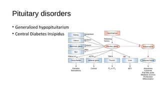 Pituitary disorders
• Generalized hypopituitarism
• Central Diabetes Insipidus
 