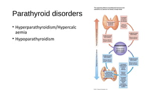 Parathyroid disorders
• Hyperparathyroidism/Hypercalc
aemia
• Hypoparathyroidism
 